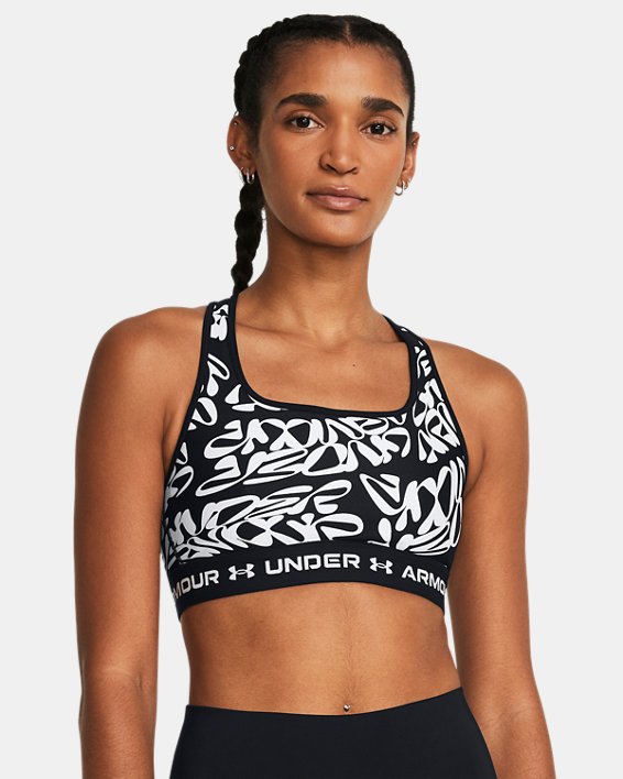 Women's Armour® Mid Crossback Printed Sports Bra in Black image number 0